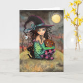 小さなハロウィンの魔女と黒猫のカード カード (黄色い花)