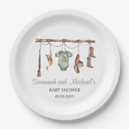 小さなハンターがベビーシャワーパーティーに向かっている ペーパープレート (正面)