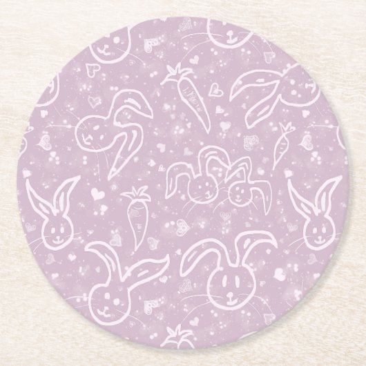 小さなハートとバニー – 透明パターン。 ラウンドペーパーコースター (正面)