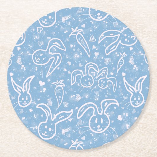 小さなハートとバニー – 透明パターン。 ラウンドペーパーコースター (正面)