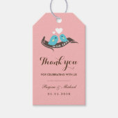 小さなハートの贈り物の結婚ラベルとピンクのロブバード ギフトタグ (正面)