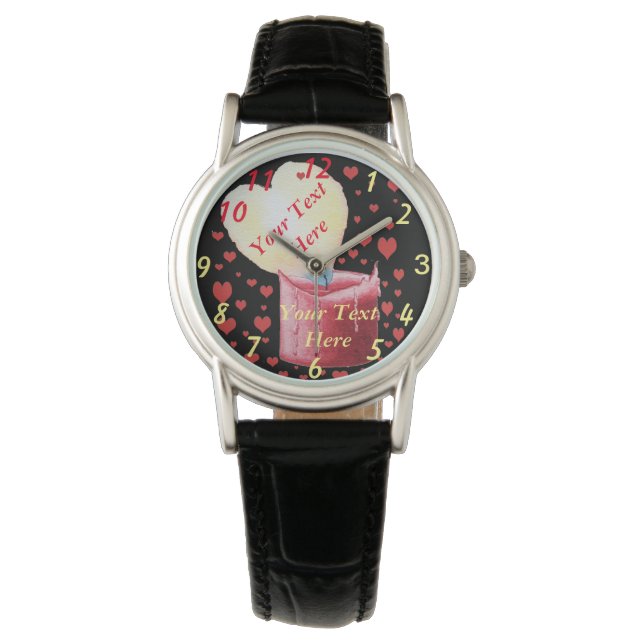 小さなハートを持つハート型の炎の赤いロウソク 腕時計 (正面)