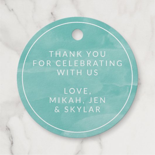 小さなハートティール(緑がかった色)水の色ベビーシャワーありがとう フェイバータグ (裏面)
