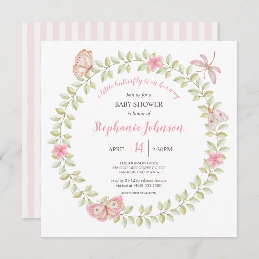 小さなバタフライボホコテージコアベビーシャワー 招待状 (正面/裏面)
