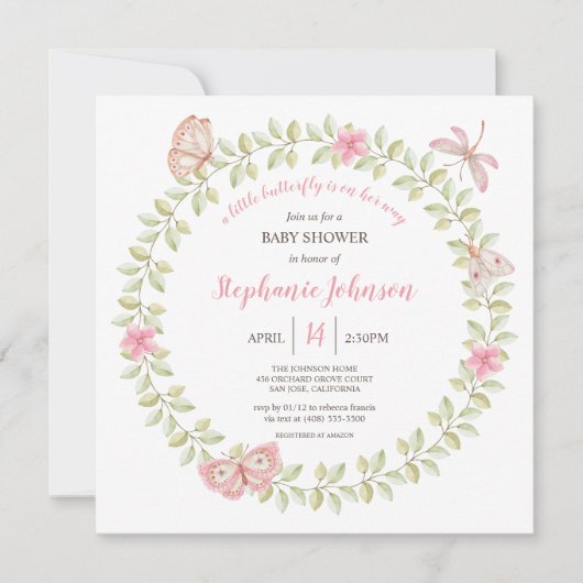 小さなバタフライボホコテージコアベビーシャワー 招待状 (正面)