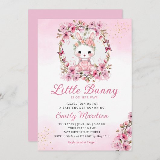 小さなバニーかわいいフローラピンクの赤ちゃんシャワー女の子 招待状 (正面/裏面)