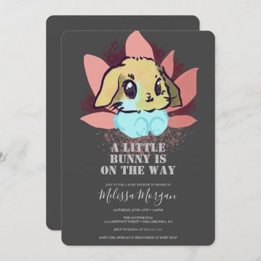 小さなバニーかわいい赤ちゃんシャワーグレー 招待状 (正面/裏面)