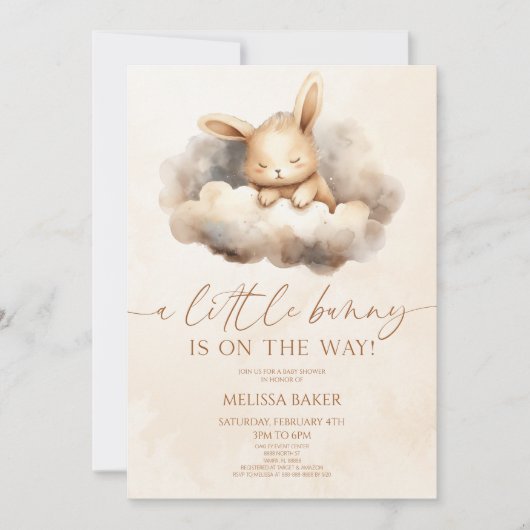 小さなバニーが行く!雲の赤ちゃんシャワー 招待状 (正面)