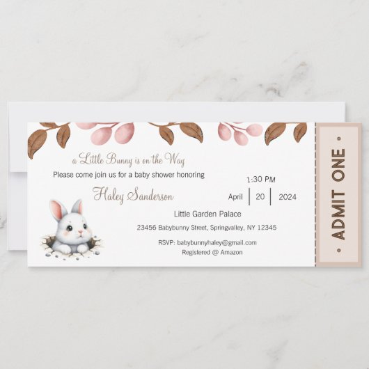 小さなバニーが途中にある招待状、ベビー 招待状 (正面)