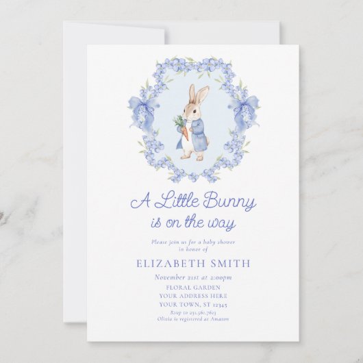小さなバニーが途中のヴィンテージの赤ちゃんシャワー 招待状 (正面)