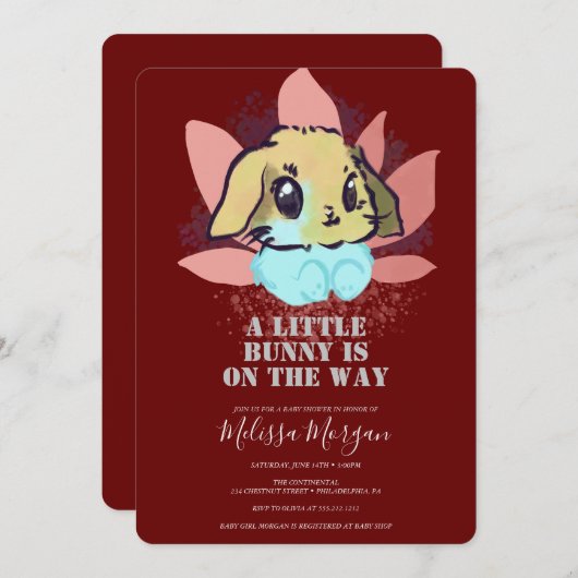 小さなバニーのかわいいバーガンディの赤ちゃんシャワー 招待状 (正面/裏面)