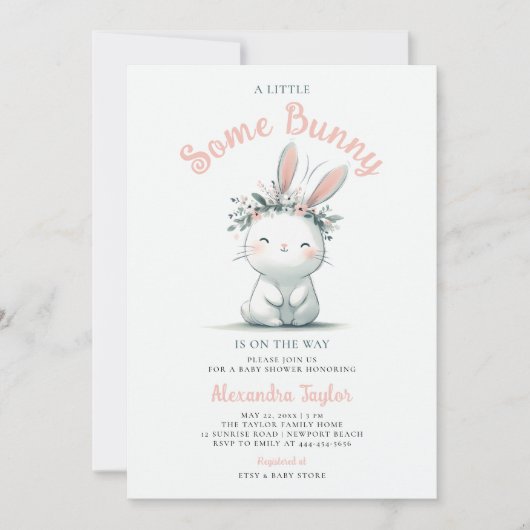 小さなバニーのワイルドフラワーベビーガールシャワー 招待状 (正面)