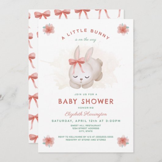 小さなバニーの女の子の赤ちゃんシャワー 招待状 (正面/裏面)