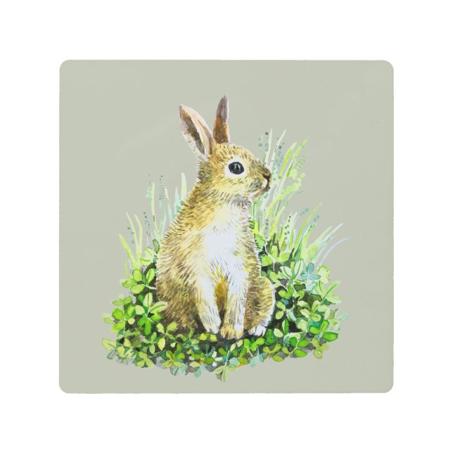 小さなバニーの水の色の木壁アート メタルプリント (正面)