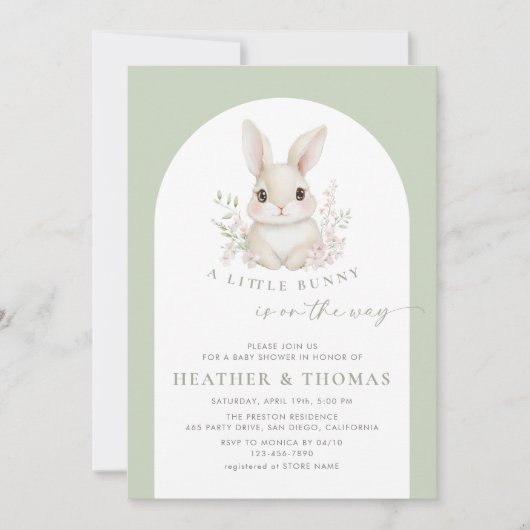 小さなバニーエレガントセージ緑の赤ちゃんシャワー 招待状 (正面)