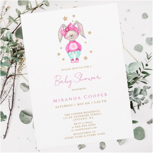 小さなバニーピンクの赤ちゃんシャワー女の子水色 招待状