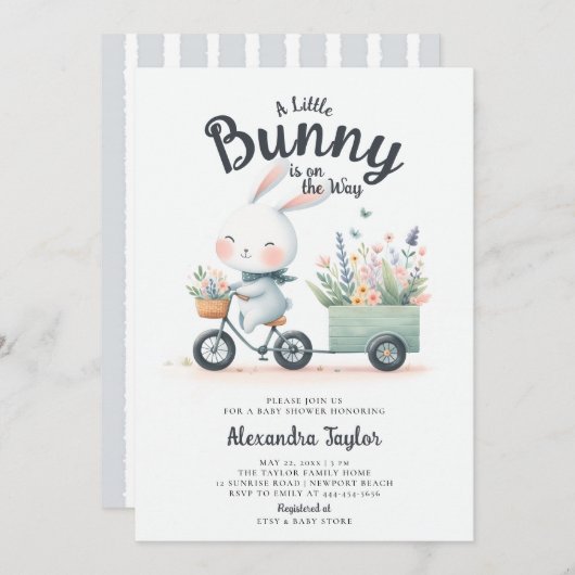 小さなバニーワイルドフラワーワゴンかわいい男の赤ちゃんシャワー 招待状 (正面/裏面)