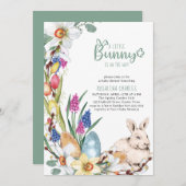 小さなバニー水仙とチューリップスのベビーシャワー 招待状 (正面/裏面)