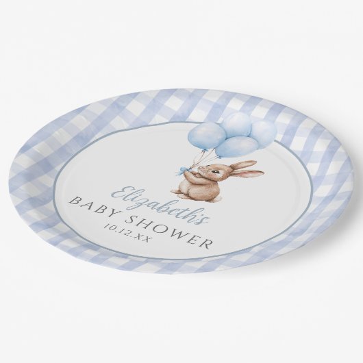 小さなバニー青いバルーン男の子の赤ちゃんシャワー ペーパープレート (アングル)
