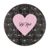 小さなバラと黒いハートに優しいピンク色ストライプの カッティングボード (正面)