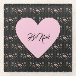 小さなバラと黒いハートに優しいピンク色ストライプの ガラスコースター