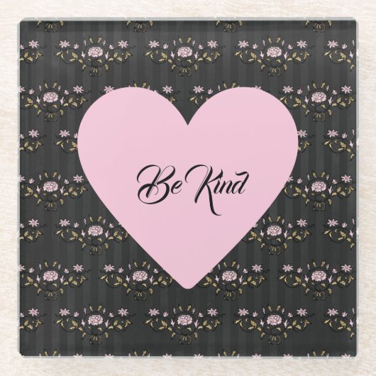 小さなバラと黒いハートに優しいピンク色ストライプの ガラスコースター (正面)