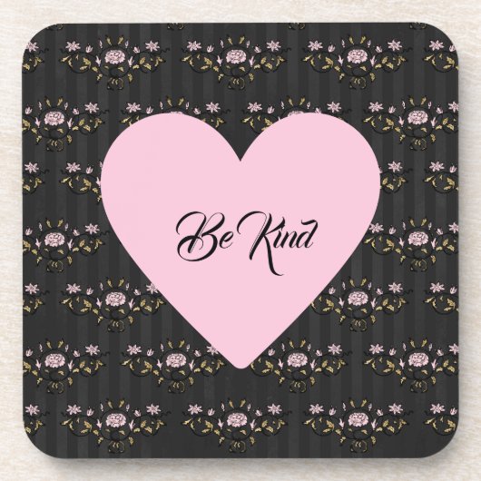 小さなバラと黒いハートに優しいピンク色ストライプの コースター (正面)