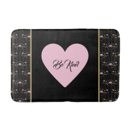 小さなバラと黒いハートに優しいピンク色ストライプの バスマット