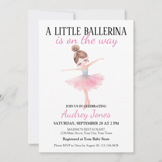 小さなバレリーナが赤ちゃんシャワーの途中にある 招待状 (正面)