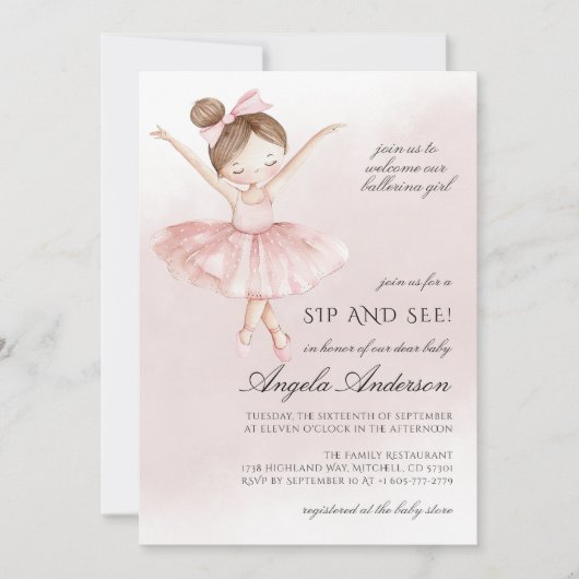 小さなバレリーナ水の色の女の子sipと参照 招待状 (正面)
