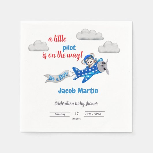 小さなパイロットで空の赤ちゃんシャワー スタンダードカクテルナプキン (正面)