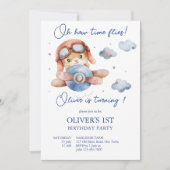 小さなパイロット飛行機のタイムフライ誕生日 招待状 (正面)