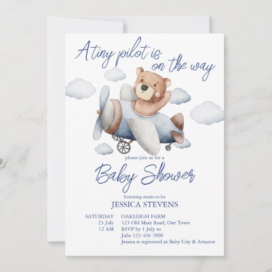 小さなパイロット飛行機の赤ちゃんシャワー 招待状 (正面)