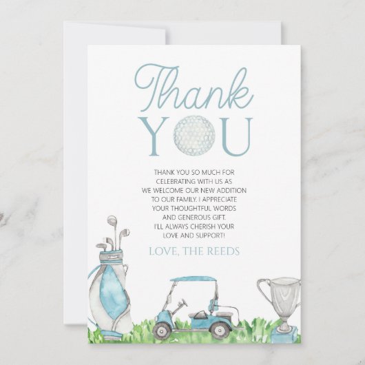 小さなパターブルーゴルフベビーシャワー サンキューカード (正面)