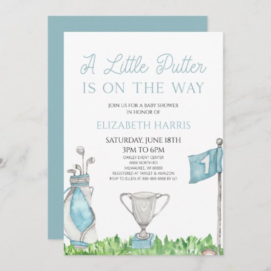 小さなパターブルーゴルフベビーシャワー 招待状 (正面/裏面)