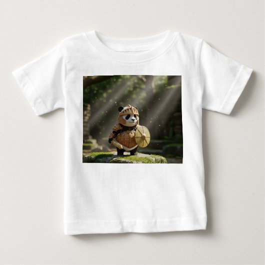 小さなパンダの騎士　木製の鎧 ベビーTシャツ (正面)