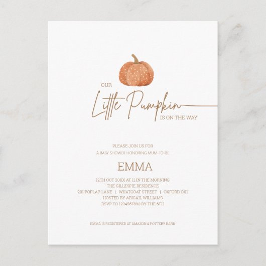 小さなパンプキンの秋　男女問わないベイビーシャワー ポストカード (正面)