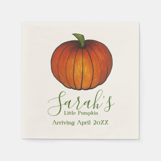 小さなパーソナライズされたオレンジ色のカボチャの赤ちゃんシャワー スタンダードカクテルナプキン (正面)
