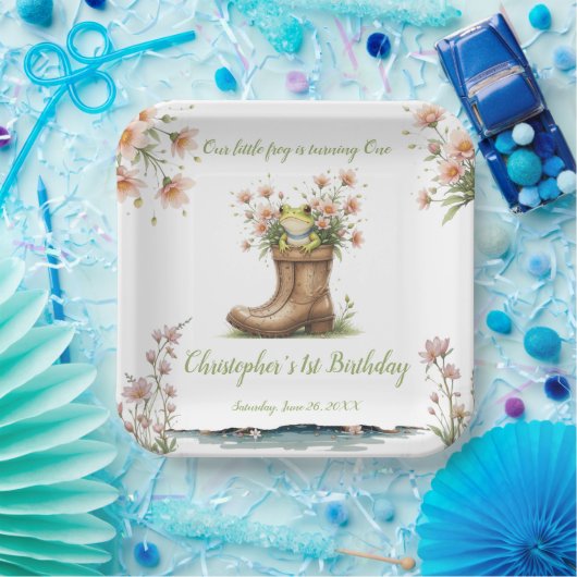 小さなパーソナライズされたカエルのフロギー1歳の誕生日 ペーパープレート (パーティー)