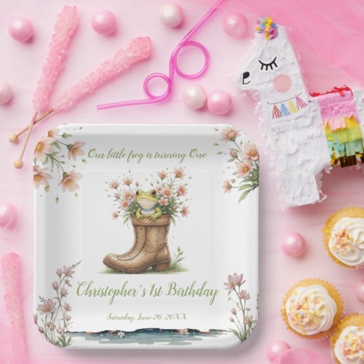 小さなパーソナライズされたカエルのフロギー1歳の誕生日 ペーパープレート (パーティー)