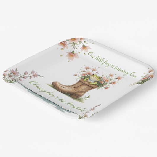 小さなパーソナライズされたカエルのフロギー1歳の誕生日 ペーパープレート (傾斜あり)