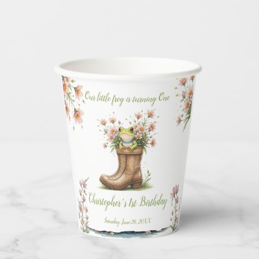 小さなパーソナライズされたカエルのフロギー1歳の誕生日 紙コップ (正面)