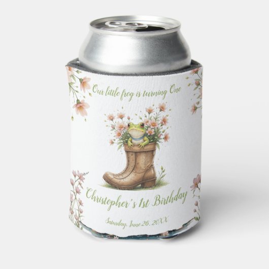 小さなパーソナライズされたカエルのフロギー1歳の誕生日 缶クーラー (缶裏面)