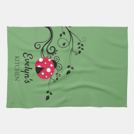 小さなパーソナライズされたレディーバグのキッチンタオル キッチンタオル (横)