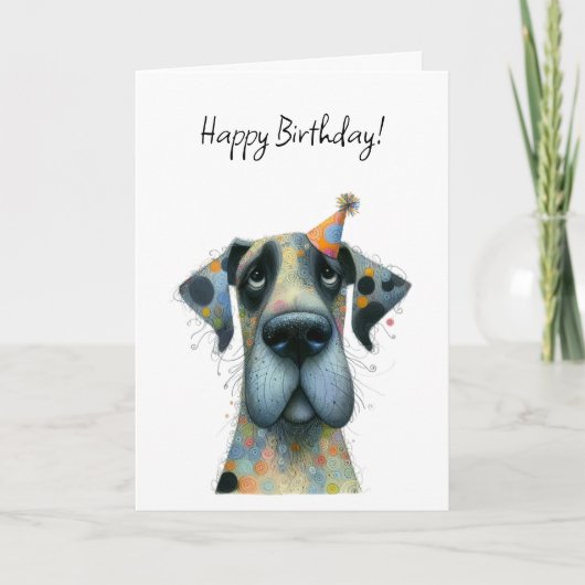 小さなパーティーハットをかぶった大きな犬の誕生日 カード (正面)