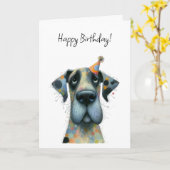 小さなパーティーハットをかぶった大きな犬の誕生日 カード (黄色い花)