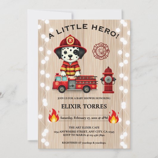小さなヒーローの消防車の子犬の赤ちゃんシャワー 招待状 (正面)