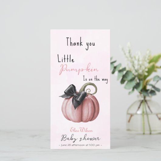 小さなピンクのカボチャの弓が途中にある サンキューカード (スタンド正面)