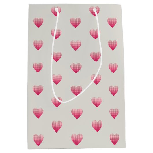 小さなピンクのハートパターン薄い灰色 ミディアムペーパーバッグ (正面)