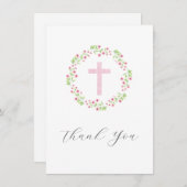 小さなピンクの花、ピンクのクロス水色のリース サンキューカード (正面/裏面)